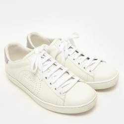 Gucci White/Grey Leather Interlocking G Low Top Sneakers Size 36