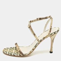 Gucci Beige/Off White Canvas and Python Interlocking G Ankle Strap Sandals Size 38