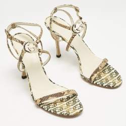 Gucci Beige/Off White Canvas and Python Interlocking G Ankle Strap Sandals Size 38