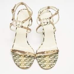 Gucci Beige/Off White Canvas and Python Interlocking G Ankle Strap Sandals Size 38