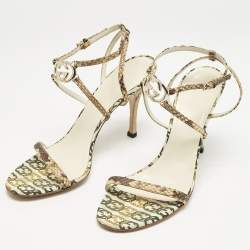 Gucci Beige/Off White Canvas and Python Interlocking G Ankle Strap Sandals Size 38
