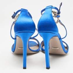Gucci Blue Satin Interlocking G Crystals Ankle Strap Sandals Size 38.5