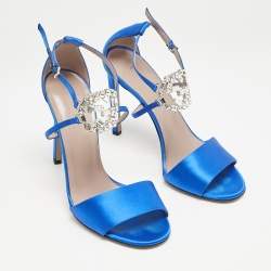 Gucci Blue Satin Interlocking G Crystals Ankle Strap Sandals Size 38.5
