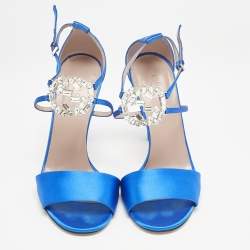 Gucci Blue Satin Interlocking G Crystals Ankle Strap Sandals Size 38.5