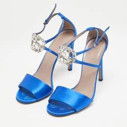 Gucci Blue Satin Interlocking G Crystals Ankle Strap Sandals Size 38.5