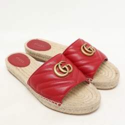 Gucci Red Matelasse Leather GG Marmont Espadrille Flat Slides Size 39 