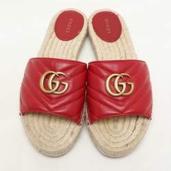 Gucci Red Matelasse Leather GG Marmont Espadrille Flat Slides Size 39 