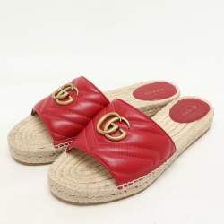 Gucci Red Matelasse Leather GG Marmont Espadrille Flat Slides Size 39 