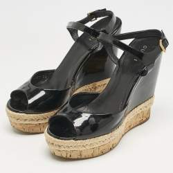 Gucci Black Patent Leather Cork Espadrille Platform Wedge Ankle Strap Sandals Size 38