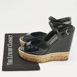 Gucci Black Patent Leather Cork Espadrille Platform Wedge Ankle Strap Sandals Size 38