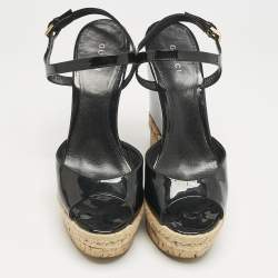 Gucci Black Patent Leather Cork Espadrille Platform Wedge Ankle Strap Sandals Size 38