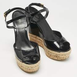 Gucci Black Patent Leather Cork Espadrille Platform Wedge Ankle Strap Sandals Size 38