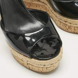 Gucci Black Patent Leather Cork Espadrille Platform Wedge Ankle Strap Sandals Size 38