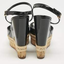 Gucci Black Patent Leather Cork Espadrille Platform Wedge Ankle Strap Sandals Size 38