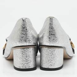 Gucci Silver Foil Leather GG Marmont Fringe Detail Block Heel Pumps Size 35.5