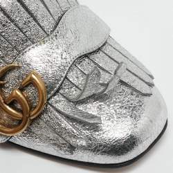 Gucci Silver Foil Leather GG Marmont Fringe Detail Block Heel Pumps Size 35.5