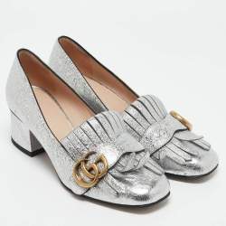 Gucci Silver Foil Leather GG Marmont Fringe Detail Block Heel Pumps Size 35.5