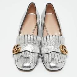 Gucci Silver Foil Leather GG Marmont Fringe Detail Block Heel Pumps Size 35.5