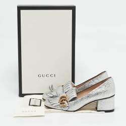 Gucci Silver Foil Leather GG Marmont Fringe Detail Block Heel Pumps Size 35.5