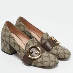 Gucci Beige/Brown GG Supreme Canvas Interlocking G Pumps Size 37