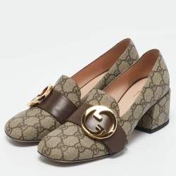Gucci Beige/Brown GG Supreme Canvas Interlocking G Pumps Size 37