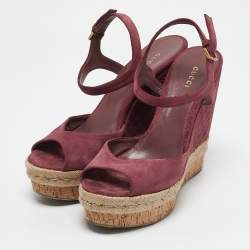 Gucci Pink Guccissima Suede Cork Wedge Sandals Size 39.5