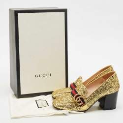 Gucci Gold Glitter Web Peyton GG Marmont Loafer Pumps Size 37