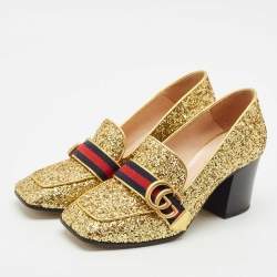 Gucci Gold Glitter Web Peyton GG Marmont Loafer Pumps Size 37