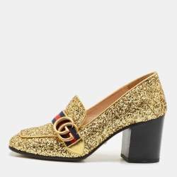 Gucci Gold Glitter Web Peyton GG Marmont Loafer Pumps Size 37