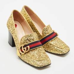 Gucci Gold Glitter Web Peyton GG Marmont Loafer Pumps Size 37