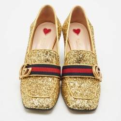 Gucci Gold Glitter Web Peyton GG Marmont Loafer Pumps Size 37