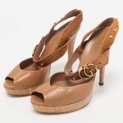 Gucci Brown Leather and Suede GG Cork Platform Peep Toe Slingback Sandals Size 37.5