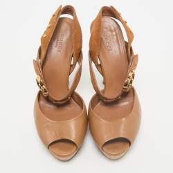 Gucci Brown Leather and Suede GG Cork Platform Peep Toe Slingback Sandals Size 37.5