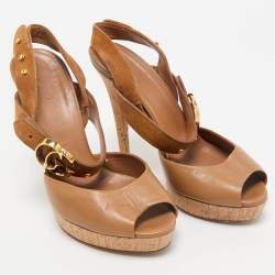 Gucci Brown Leather and Suede GG Cork Platform Peep Toe Slingback Sandals Size 37.5