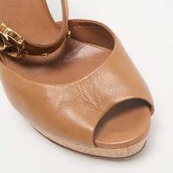 Gucci Brown Leather and Suede GG Cork Platform Peep Toe Slingback Sandals Size 37.5