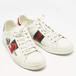 مملوكة مسبقًا حذاء رياضي غوتشي مزين ويب جلد أبيض منخفض من أعلى مقاس 41