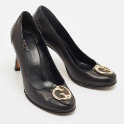 Gucci Black Leather GG Interlocking Pumps Size 38