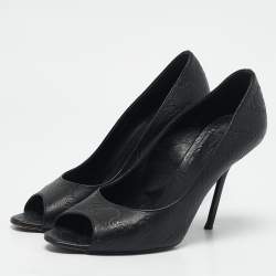 Gucci Black Guccissima Leather Peep Toe Pumps Size 38.5