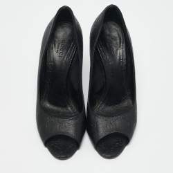 Gucci Black Guccissima Leather Peep Toe Pumps Size 38.5