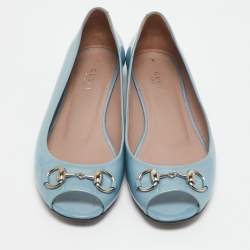 Gucci Light Blue Patent Leather Horsebit Peep Toe Ballet Flats Size 37.5