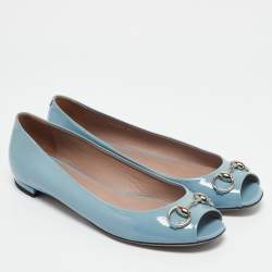 Gucci Light Blue Patent Leather Horsebit Peep Toe Ballet Flats Size 37.5