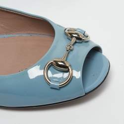 Gucci Light Blue Patent Leather Horsebit Peep Toe Ballet Flats Size 37.5