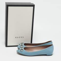 Gucci Light Blue Patent Leather Horsebit Peep Toe Ballet Flats Size 37.5