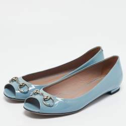 Gucci Light Blue Patent Leather Horsebit Peep Toe Ballet Flats Size 37.5