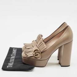 Gucci Beige Leather GG Marmont Fringe Platform Pumps Size 38