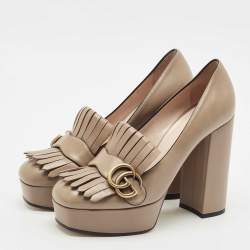 Gucci Beige Leather GG Marmont Fringe Platform Pumps Size 38