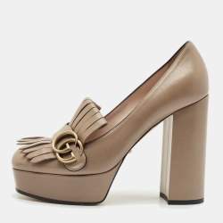 Gucci Beige Leather GG Marmont Fringe Platform Pumps Size 38