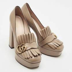 Gucci Beige Leather GG Marmont Fringe Platform Pumps Size 38