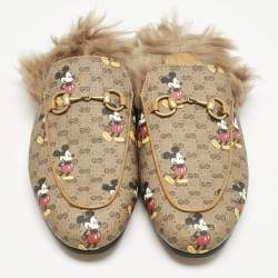 Gucci x Disney Brown Mickey Mouse Print GG Supreme Canvas Princetown Flat Mules Size 37.5