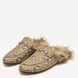 Gucci x Disney Brown Mickey Mouse Print GG Supreme Canvas Princetown Flat Mules Size 37.5